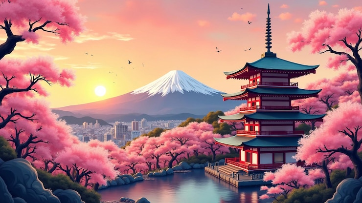 Wektor japońska pagoda z krajobrazem sakura