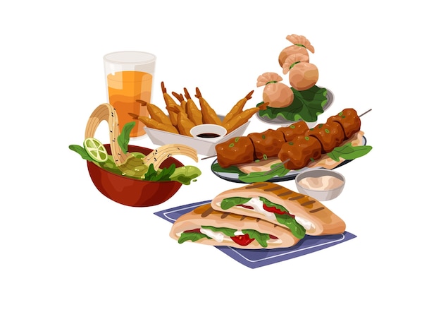 Japońska zupa z cytryną tom yam dim sum yakitori tempura krewetki warzywo pita chińskie jedzenie z mięsem makaronowym w misce Płaska izolowana ilustracja wektora na białym tle