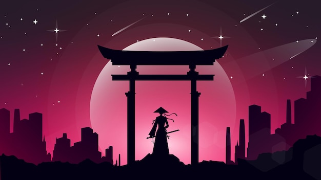 Japoński Samuraj Z Tłem Bramy Torii Japońskie Anime Cyberpunk Samuraj Samuraj Dziewczyna