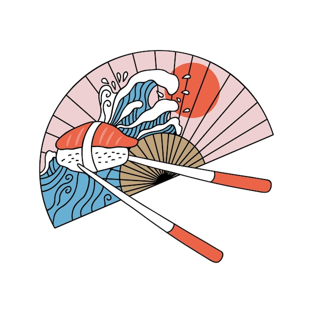 Japoński wentylator z morskimi falami, słońcem i sushi nigiri z łososiem na pałeczkach w stylu doodle