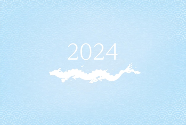 Japoński wzór Noworoczna kartka z życzeniami na rok 2024 biała sylwetka smoka i rok 2024 błękitna fala morska Japoński wzór tła Noworoczny materiał pocztówki