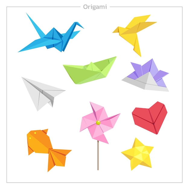 Japoński Zestaw Ilustracji Origami. Ptak, Ryba, Samolot, Serce, łódź, Gwiazda. Zestaw Kreskówka Na Białym Tle.