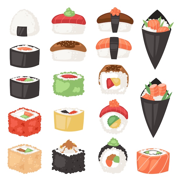 Plik wektorowy japońskie jedzenie sushi sashimi roll lub nigiri i przystawka z ryżem z owoców morza w japonii restauracja ilustracji zestaw kuchni japońskiej na białym tle