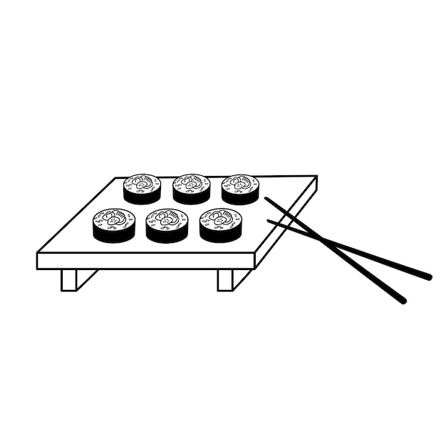 Plik wektorowy japońskie sushi bułki na desce wektor doodle zarys ilustracji na białym tle