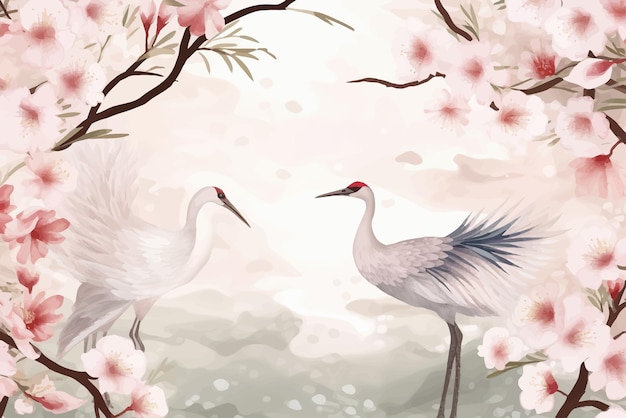 Japońskie tło z akwarela tekstury Żuraw ptaki wektorTradycyjny orientalny minimalistyczny styl japoński ilustracji wektorowych