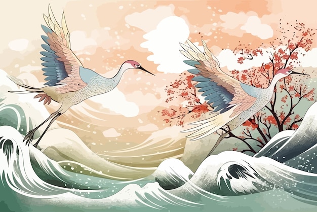 Japońskie tło z akwarela tekstury Żuraw ptaki wektorTradycyjny orientalny minimalistyczny styl japoński ilustracji wektorowych
