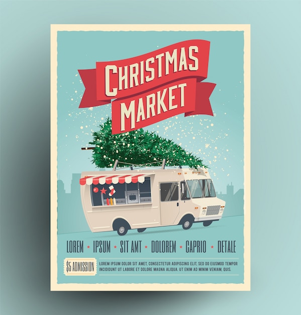 Jarmark Bożonarodzeniowy Targi Plakat Lub Ulotka Z Kreskówki Ciężarówka żywności Z Choinką Na Dachu.