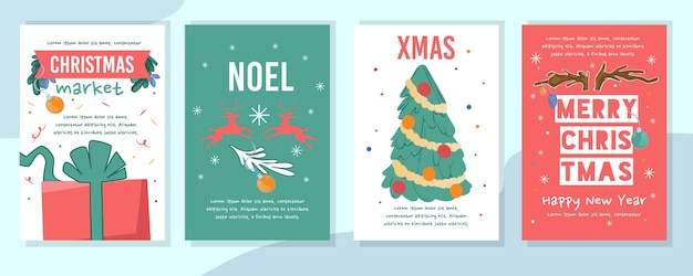 Jarmark Bożonarodzeniowy, Zaproszenie Noel, Ulotka Z życzeniami Bożonarodzeniowymi Lub Szablon Karty Zestaw Ilustracji Wektorowych