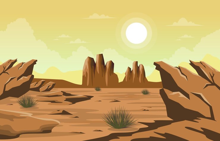 Wektor jasne słońce western american rock cliff rozległa pustynia krajobraz ilustracja