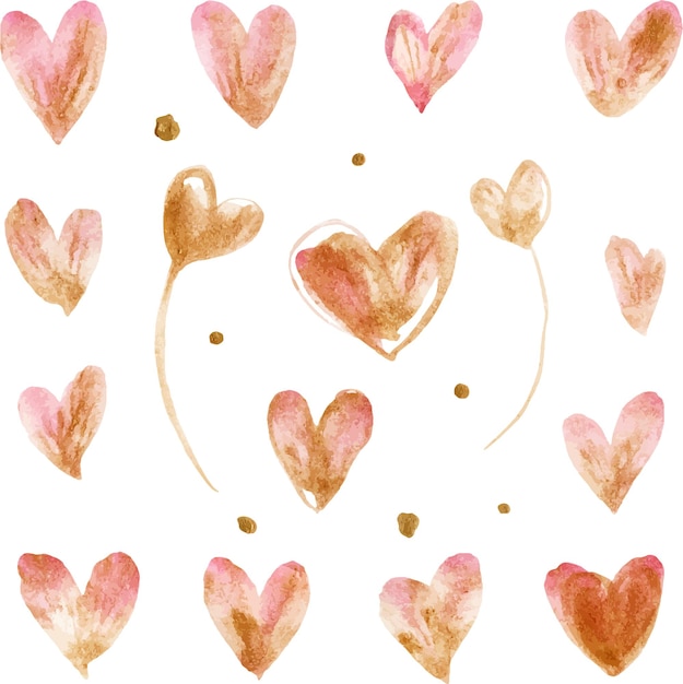 Plik wektorowy jasnoróżowe i złote serca i kropki romantyczny zestaw prześledzonych elementów akwarelowych