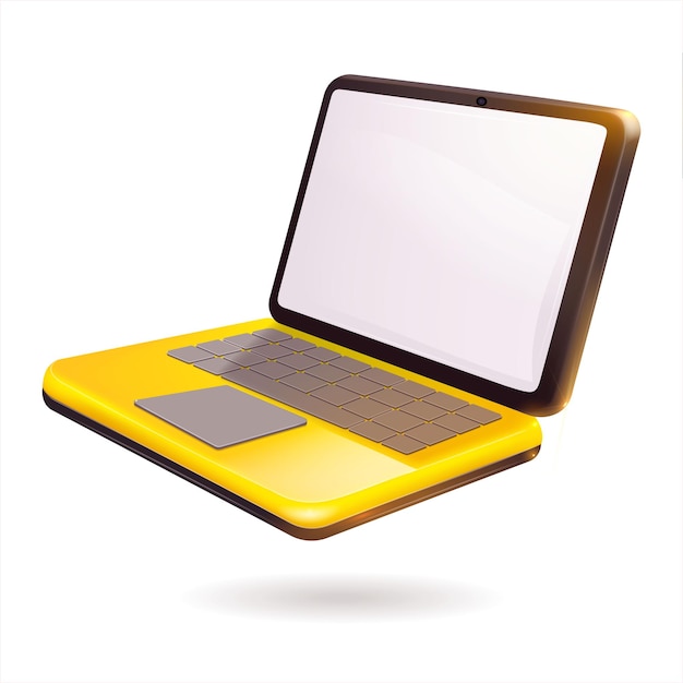 Jasnożółty laptop z żywym białym ekranem ustawionym na czystym i