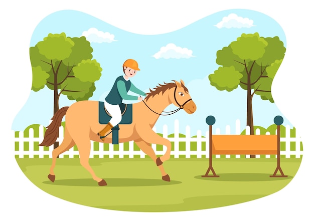 Plik wektorowy jazda konna ilustracja kreskówka z uroczymi ludźmi ćwiczącymi jazdę konną w zielonym polu