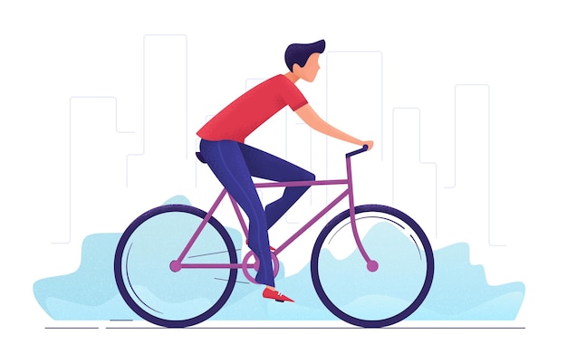 Jazda na rowerze ilustracja młodego mężczyzny na rowerze po mieście.