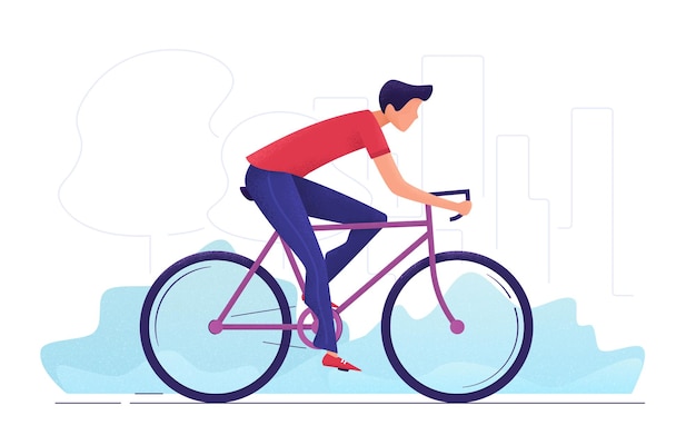 Jazda na rowerze ilustracja młodego mężczyzny na rowerze przez park miejski.