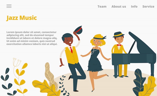Plik wektorowy jazzowa muzyczna pracowniana desantowa strona internetowa, pojęcie sztandaru strony internetowej szablonu kreskówki ilustracja. strona firmowa, taniec męskiej postaci.