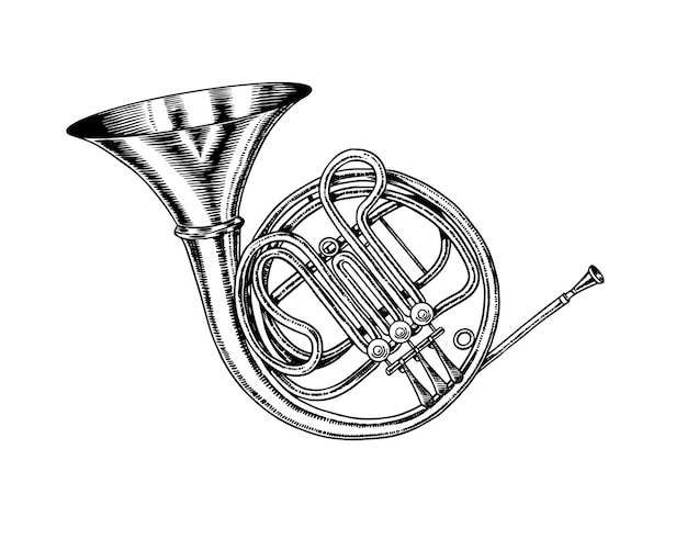 Plik wektorowy jazzowy waltornia w monochromatycznym, grawerowanym stylu vintage ręcznie rysowany szkic trąbki dla plakatu festiwalu bluesowego i ragtime muzyczny klasyczny instrument dęty