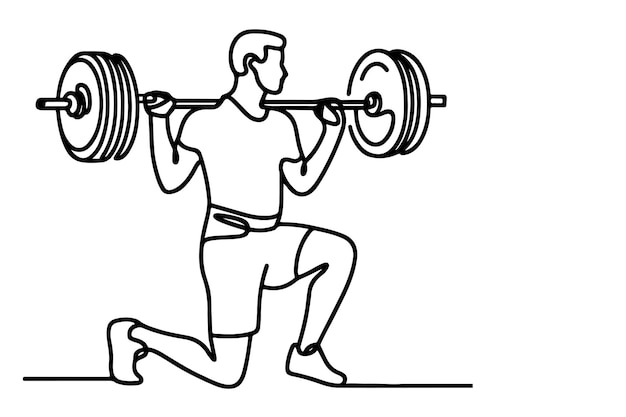 Jeden ciągły czarny rysunek mężczyzny podnoszącego sztylet z ciężkim barem podnoszącym ciężary w siłowni