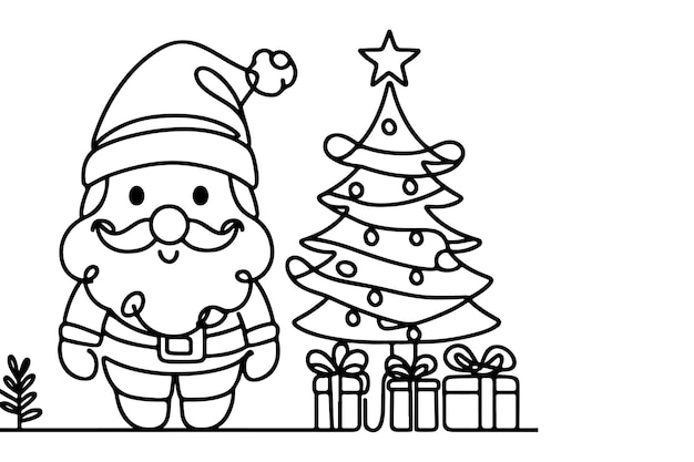 jeden ciągły czarny rysunek sztuki linii wesołej choinki ręcznie narysowany Świętego Mikołaja kontur rysunek wektorowy na białym tle