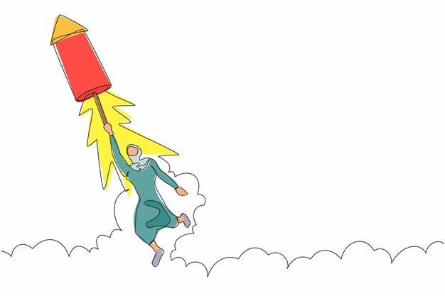 Plik wektorowy jeden ciągły rysunek arabskiej bizneswoman latać na fajerwerkach rakiety wektor