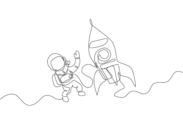 Jeden ciągły rysunek linii astronautyki odkrywającej galaktyczny kosmos za pomocą wektora rakietowego