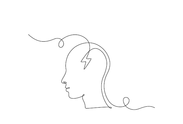 Jeden Ciągły Rysunek Linii Głowy Z ładowaniem I Błyskawicą Poziom Naładowania Baterii Koncepcja Zdrowia Psychicznego I Uważności W Prostym Stylu Liniowym Edytowalny Obrys Doodle Ilustracji Wektorowych