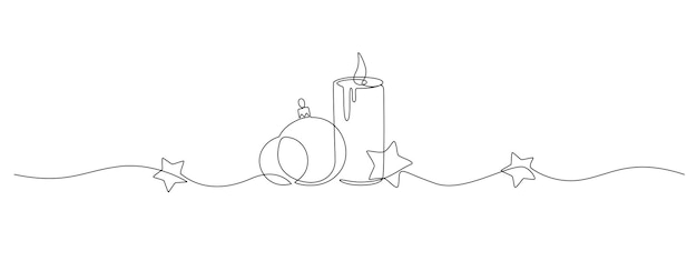 Plik wektorowy jeden ciągły rysunek linii granicy karty bożonarodzeniowej uroczystość kulka świeca i gwiazdy na zimę xmas wakacje koncepcja w prostym stylu liniowym karta powitania edytowalny uderzenie doodle ilustracja wektorowa