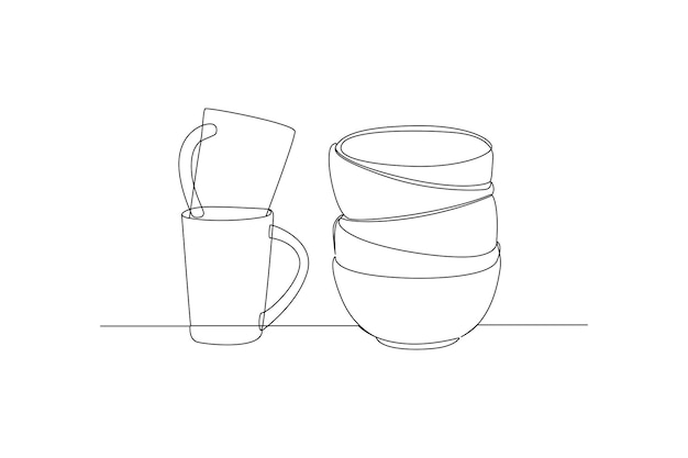Plik wektorowy jeden ciągły rysunek linii koncepcji nowoczesnych ceramicznych przyborów kuchennych doodle ilustracji wektorowych w prostym stylu liniowym