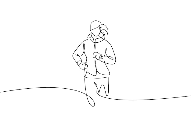 Plik wektorowy jeden ciągły rysunek linii młodej sportowej biegaczki, która relaksuje się biegając po wiejskim wektorze projektowym