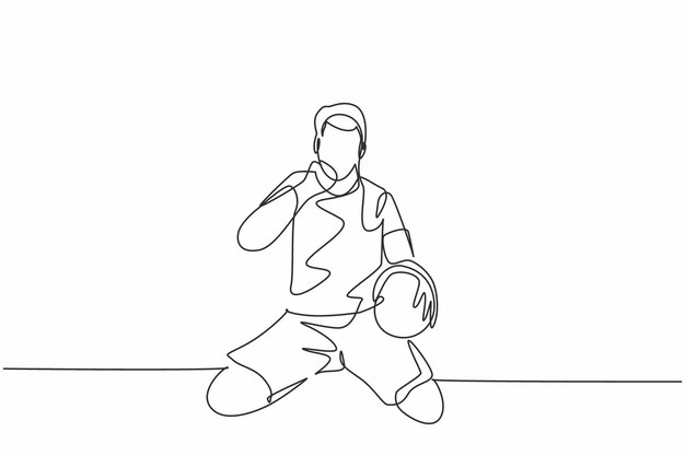 Plik wektorowy jeden ciągły rysunek linii młody piłkarz trzyma piłkę pod ręką i wektor projektu pięścią