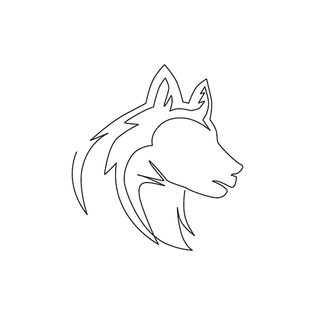 Jeden ciągły rysunek linii prostej, słodkiej siberian husky, szczeniaka, psa, ikony głowy, logo zwierząt ssaków