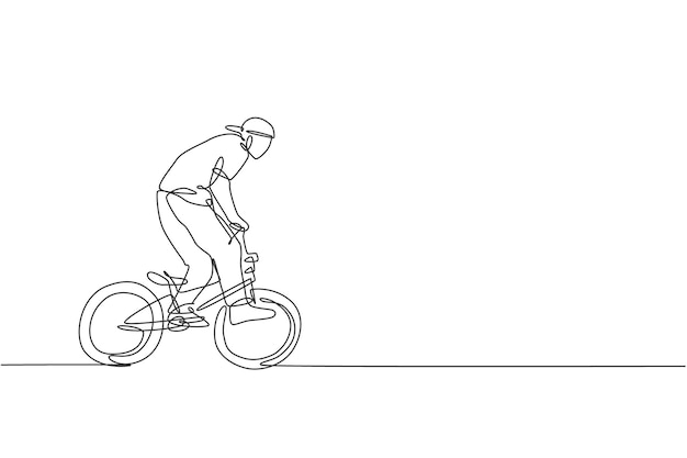 Jeden ciągły rysunek młodego jeźdźca na rowerze BMX wykonującego niebezpieczną sztuczkę w skateparku