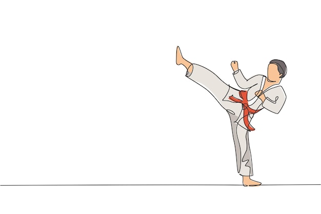 Jeden ciągły rysunek młodego karateka w kimono ćwiczącego walkę karate w dojo vector