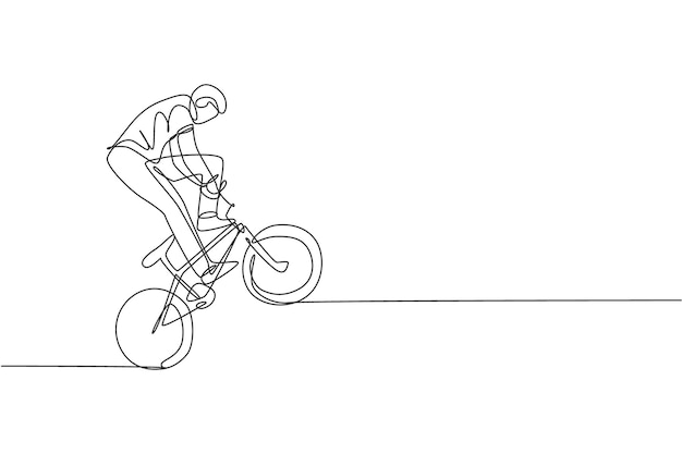 Jeden pojedynczy rysunek młodego jeźdźca na rowerze BMX wykonujący freestyle na ilustracji wektorowej ulicy