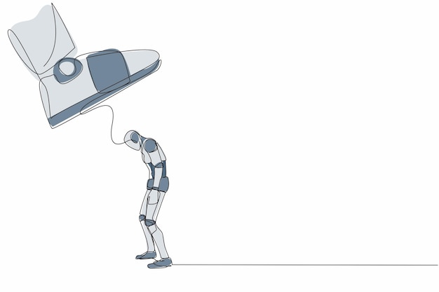 Jeden robot rysujący jedną linię stoi słabo pod ogromnym butem i zostaje zwolniony z firmy.