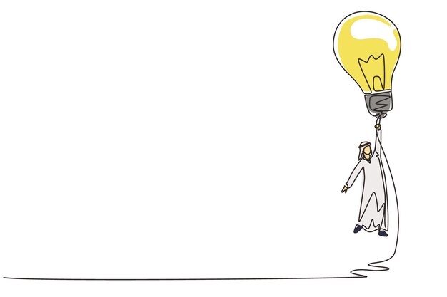 Plik wektorowy jeden rysunek arabskiego biznesmena latającego z ideą żarówek wielki pomysł rozwiązuje problem biznesowy