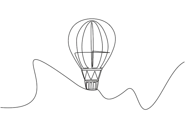 Plik wektorowy jeden rysunek balonu na gorące powietrze z pasem kosza pasażerskiego latającego wysoko w niebo