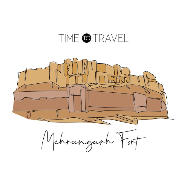 Jeden Rysunek Linii Mehrangarh Fort Punkt Orientacyjny Słynne Miejsce W Jodhpur India Ilustracja Projektowa