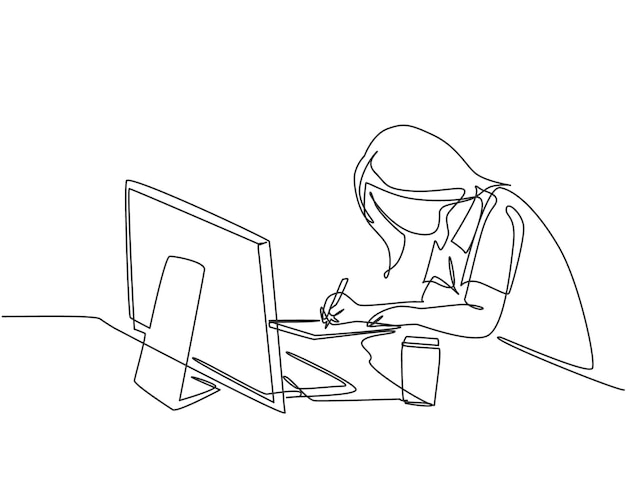 Jeden rysunek linii młodej zamyślonej pracowniczki pracuje w nadgodzinach, projektując ilustrację wektorową