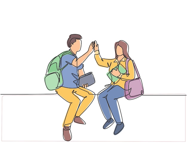 Plik wektorowy jeden rysunek linii przedstawiający parę, mężczyznę i kobietę, studenta siedzących i przybijających piątkę gestów