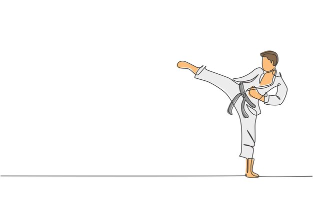 Jeden rysunek młodego karateka w mundurze walki ćwiczącego sztuki walki w siłowni.
