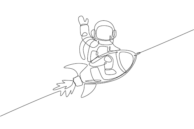 Jeden rysunek przedstawiający astronautę w skafandrze kosmicznym unoszącego się w powietrzu i odkrywającego przestrzeń kosmiczną siedzącą na rakiecie