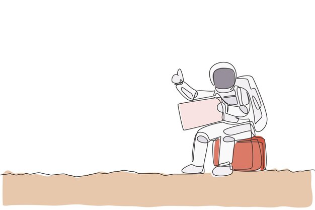 Jeden rysunek przedstawiający autostopowicza-astronautę siedzącego na bagażu podczas oczekiwania na wektor drogi