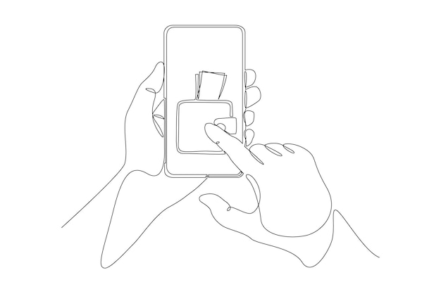 Plik wektorowy jeden rysunek ręki trzymającej smartfon z portfelem na ekranie koncepcja portfela cyfrowego