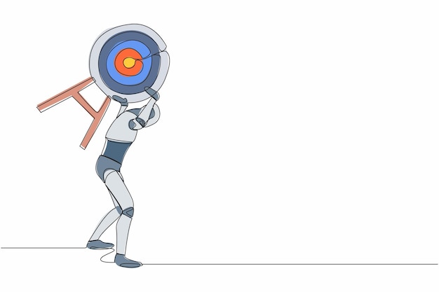 Jeden rysunek, zmęczony robot niosący ciężki cel na plecach, wyczerpany dążeniem do osiągnięcia celu.