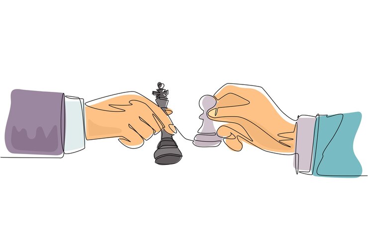 Wektor jedna ciągła linia rysująca dwoje rąk z królem i pionkiem figurki szachowej ilustracja wektorowa