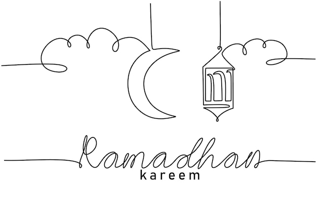 Jedna ciągła pojedyncza linia słowa ramadan kareem z wiszącą latarnią księżyc i chmurą odizolowaną na białym tle