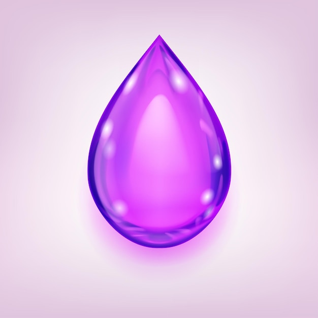 Jedna duża realistyczna kropla wody w kolorze fioletowym z odblaskami i cieniem