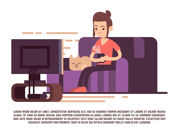 Plik wektorowy jedna dziewczyna z kotem i filiżanką herbaty oglądać telewizję