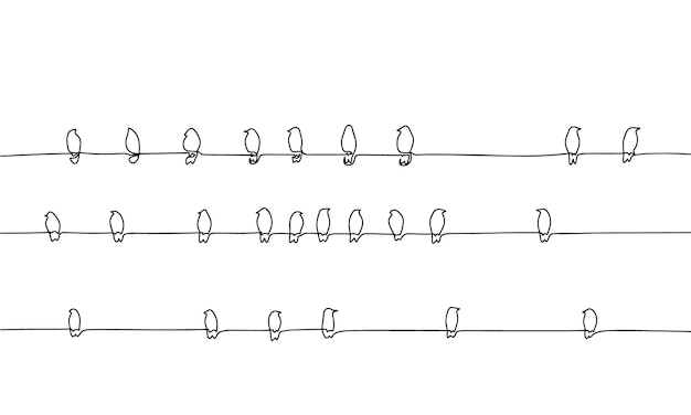 Jedna Linia Ciągłe Ptaki Siedzą Na Drutach Koncepcja Minimalny Baner Miejski Zarys Sylwetki Sztuki Linii