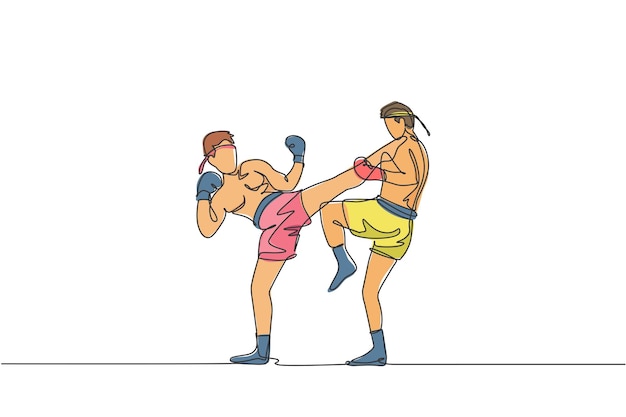 Jedna linia rysująca dwóch młodych, energicznych wojowników muay thai trenujących do pojedynku ilustracji wektorowych